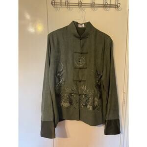 Vintage Olive Green Embroidered Chinese Robe XL